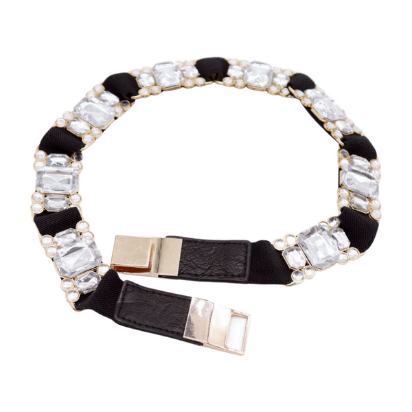 Brand New Women Black Elastic Belt Silver Bling Gold Metal Buckle S M