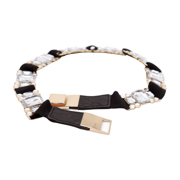 Brand New Women Black Elastic Belt Silver Bling Gold Metal Buckle S M