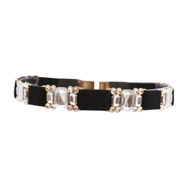 Brand New Women Black Elastic Belt Silver Bling Gold Metal Buckle S M