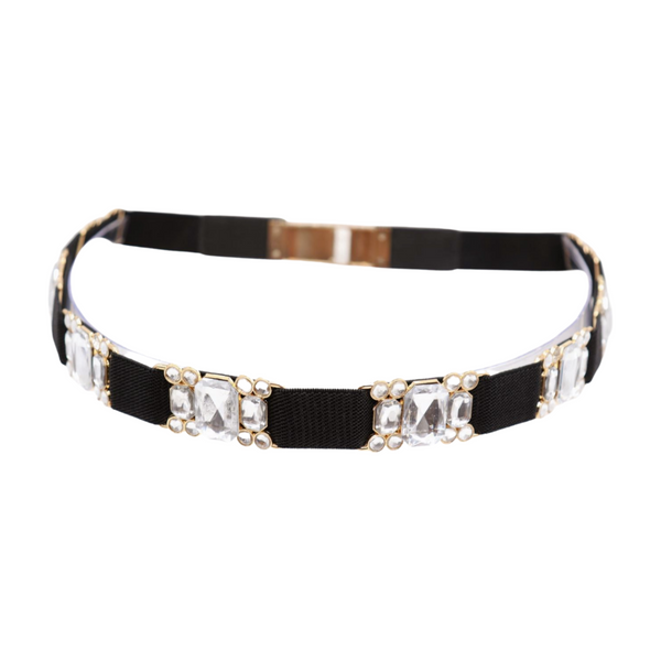 Brand New Women Black Elastic Belt Silver Bling Gold Metal Buckle S M