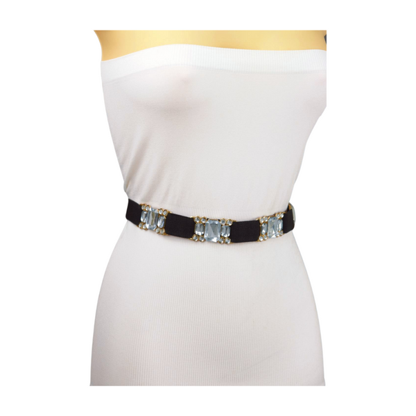 Brand New Women Black Elastic Belt Silver Bling Gold Metal Buckle S M