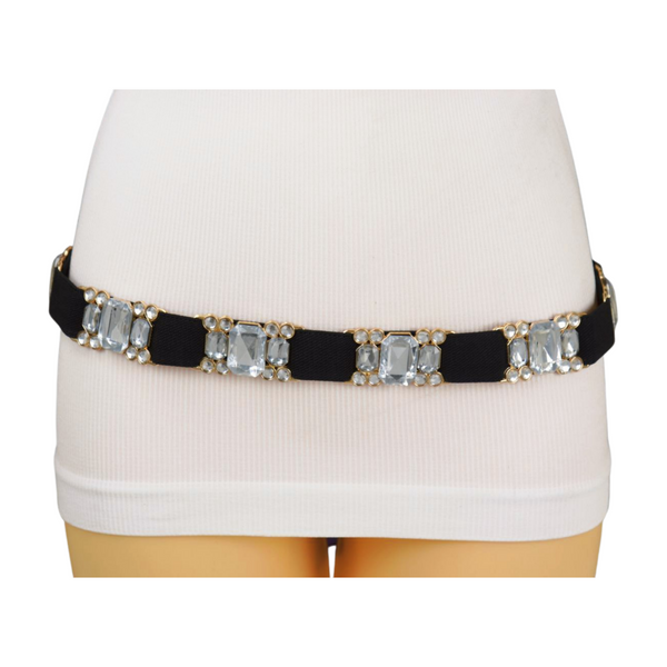 Brand New Women Black Elastic Belt Silver Bling Gold Metal Buckle S M
