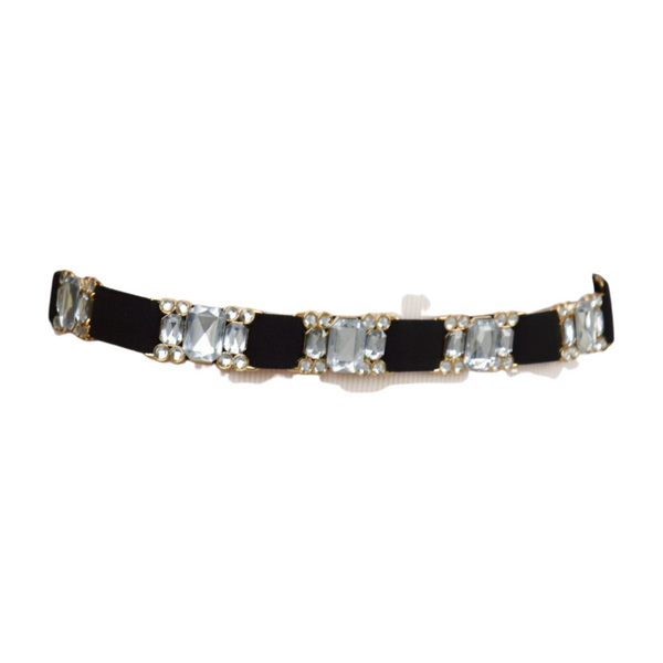 Brand New Women Black Elastic Belt Silver Bling Gold Metal Buckle S M