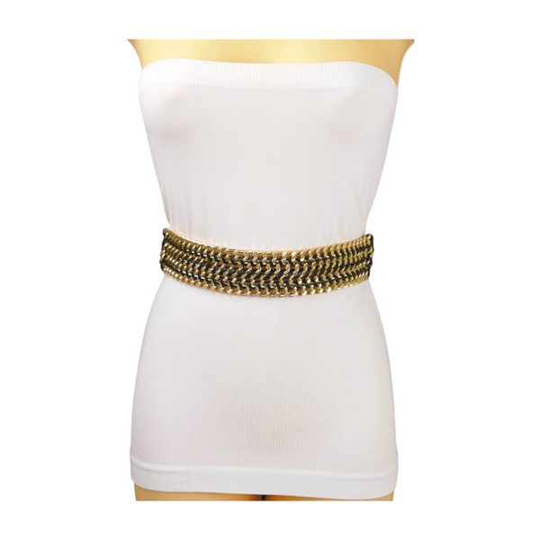 Brand New Women Black Elastic Belt Gold Metal Chain Links S M