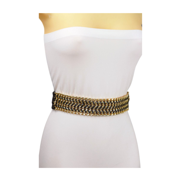 Brand New Women Black Elastic Belt Gold Metal Chain Links S M