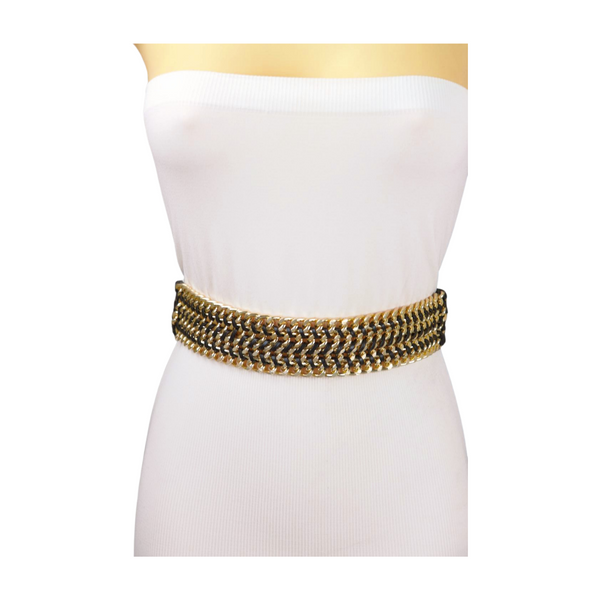 Brand New Women Black Elastic Belt Gold Metal Chain Links S M