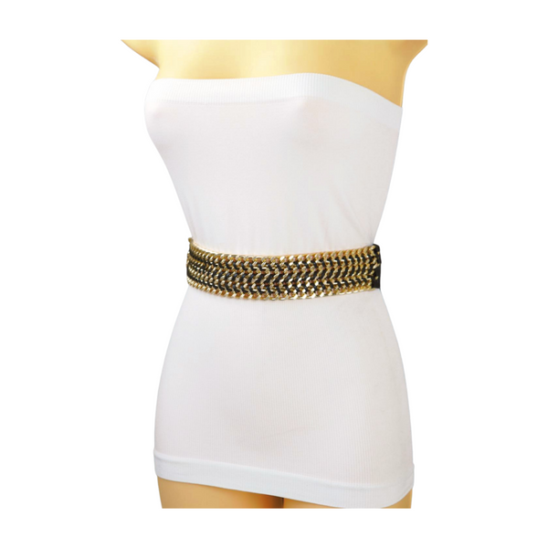 Brand New Women Black Elastic Belt Gold Metal Chain Links S M