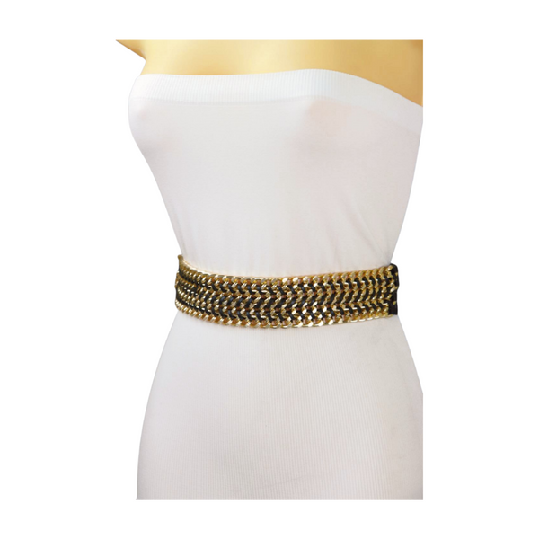 Brand New Women Black Elastic Belt Gold Metal Chain Links S M