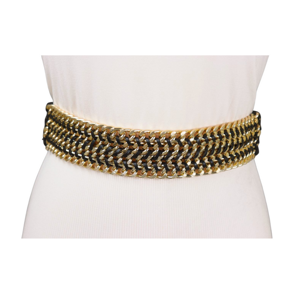 Brand New Women Black Elastic Belt Gold Metal Chain Links S M