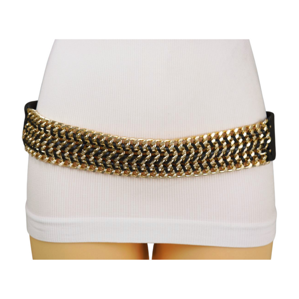 Brand New Women Black Elastic Belt Gold Metal Chain Links S M