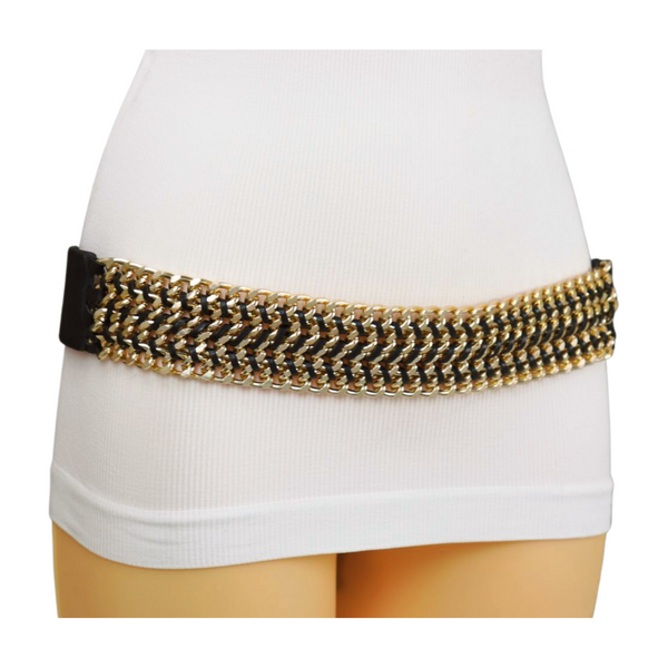 Brand New Women Black Elastic Belt Gold Metal Chain Links S M
