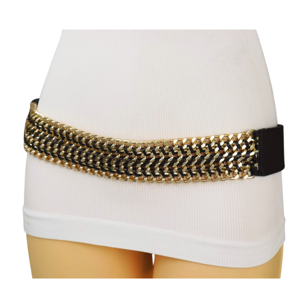 Brand New Women Black Elastic Belt Gold Metal Chain Links S M