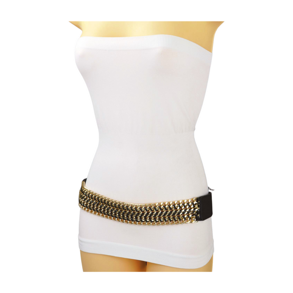 Brand New Women Black Elastic Belt Gold Metal Chain Links S M