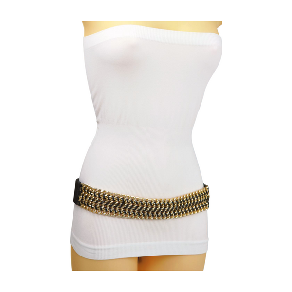 Brand New Women Black Elastic Belt Gold Metal Chain Links S M