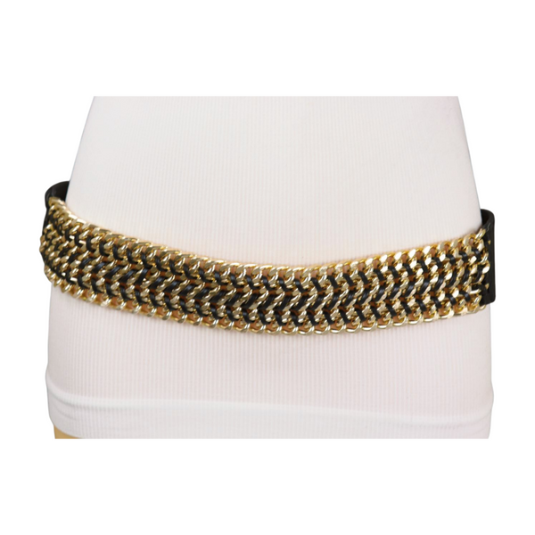 Brand New Women Black Elastic Belt Gold Metal Chain Links S M