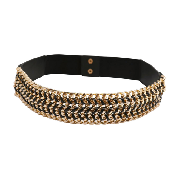 Brand New Women Black Elastic Belt Gold Metal Chain Links S M