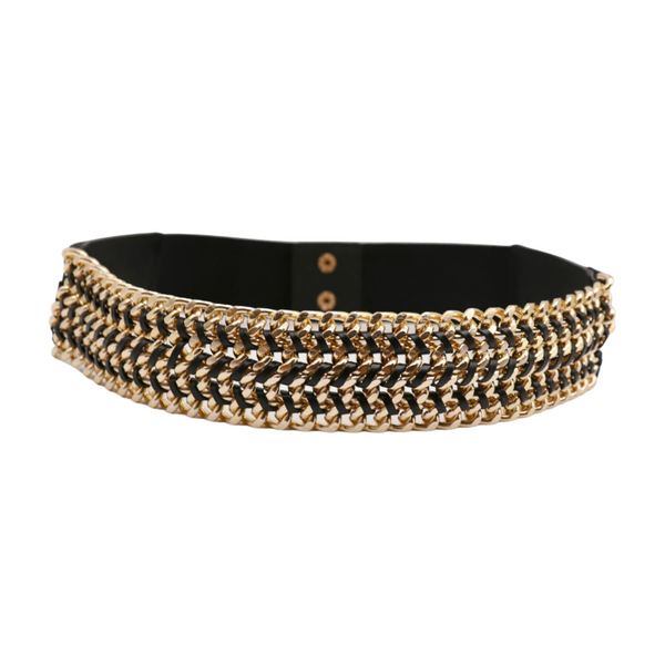 Brand New Women Black Elastic Belt Gold Metal Chain Links S M