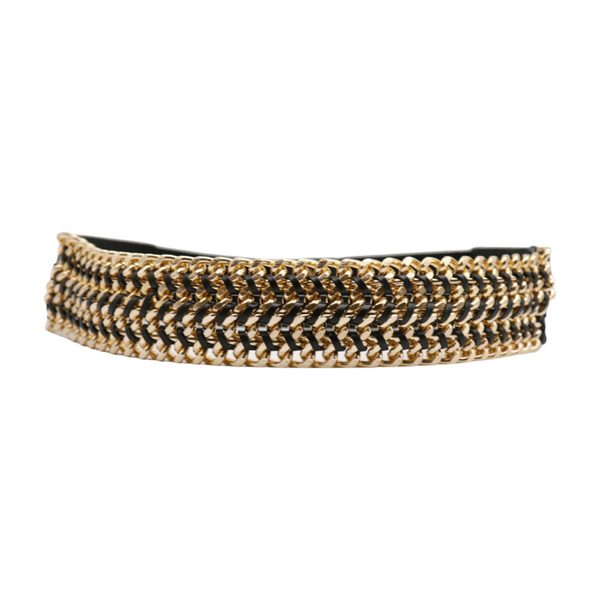 Brand New Women Black Elastic Belt Gold Metal Chain Links S M