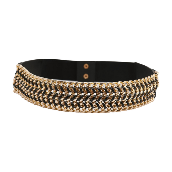 Brand New Women Black Elastic Belt Gold Metal Chain Links S M