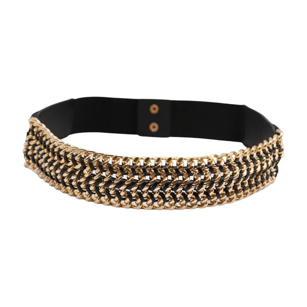 Brand New Women Black Elastic Belt Gold Metal Chain Links S M