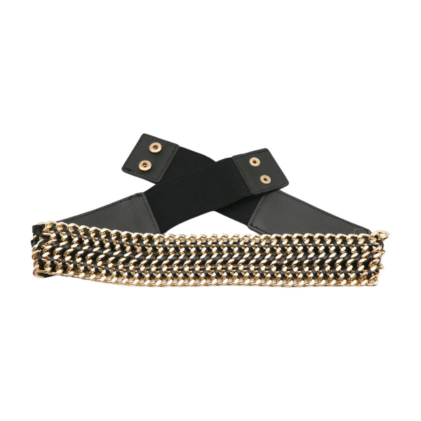 Brand New Women Black Elastic Belt Gold Metal Chain Links S M