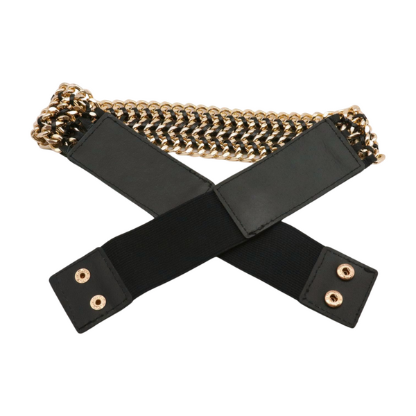Brand New Women Black Elastic Belt Gold Metal Chain Links S M