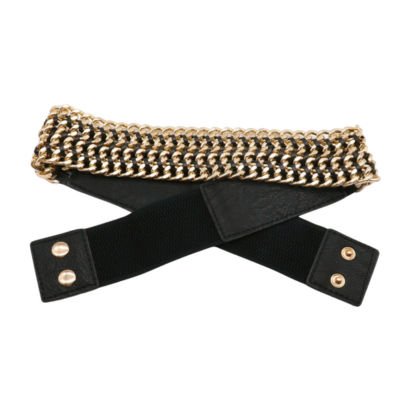 Brand New Women Black Elastic Belt Gold Metal Chain Links S M
