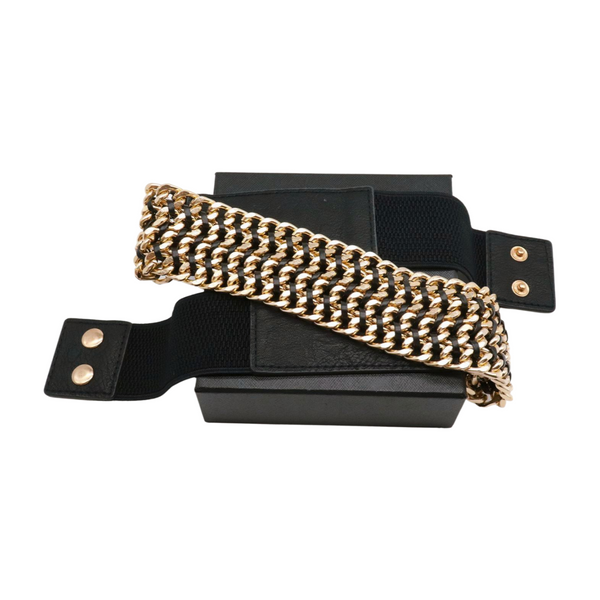 Brand New Women Black Elastic Belt Gold Metal Chain Links S M