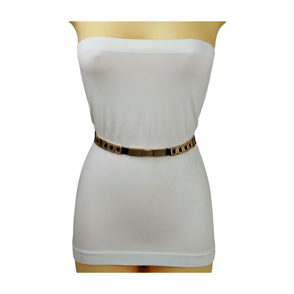 Brand New Women Black Elastic Fashion Belt Gold Metal Square Charms S M L