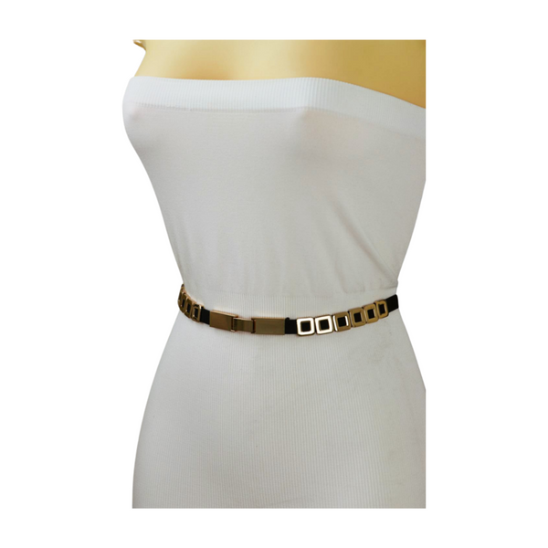 Brand New Women Black Elastic Fashion Belt Gold Metal Square Charms S M L