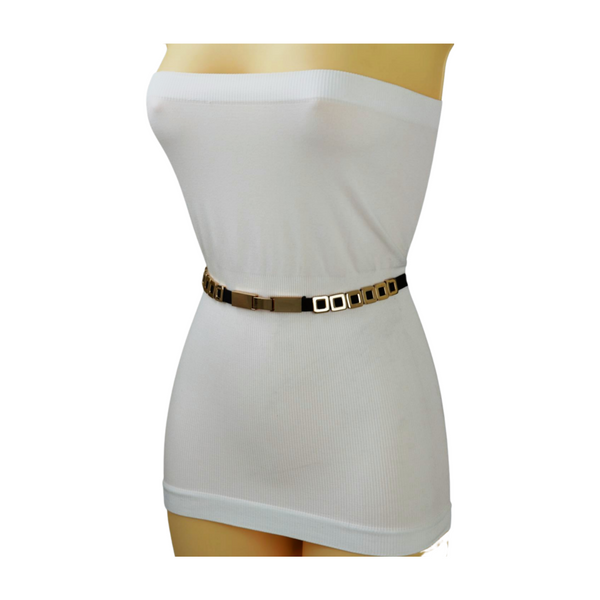 Brand New Women Black Elastic Fashion Belt Gold Metal Square Charms S M L