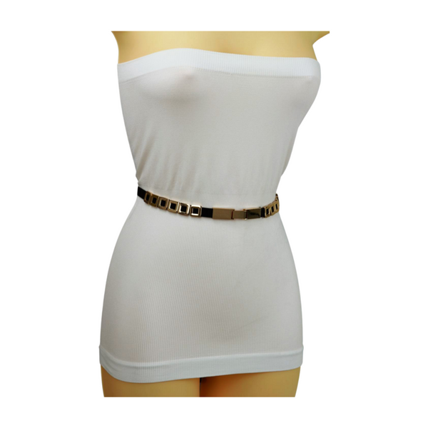 Brand New Women Black Elastic Fashion Belt Gold Metal Square Charms S M L
