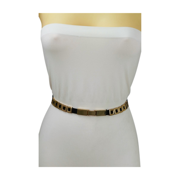 Brand New Women Black Elastic Fashion Belt Gold Metal Square Charms S M L