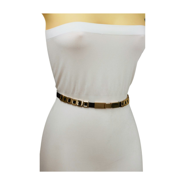 Brand New Women Black Elastic Fashion Belt Gold Metal Square Charms S M L