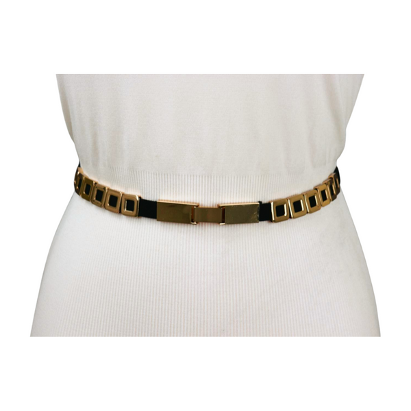 Brand New Women Black Elastic Fashion Belt Gold Metal Square Charms S M L