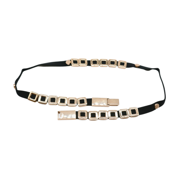 Brand New Women Black Elastic Fashion Belt Gold Metal Square Charms S M L