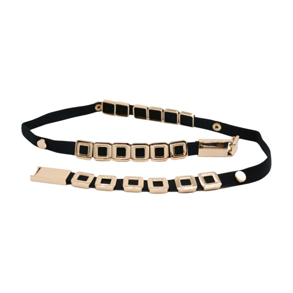 Brand New Women Black Elastic Fashion Belt Gold Metal Square Charms S M L