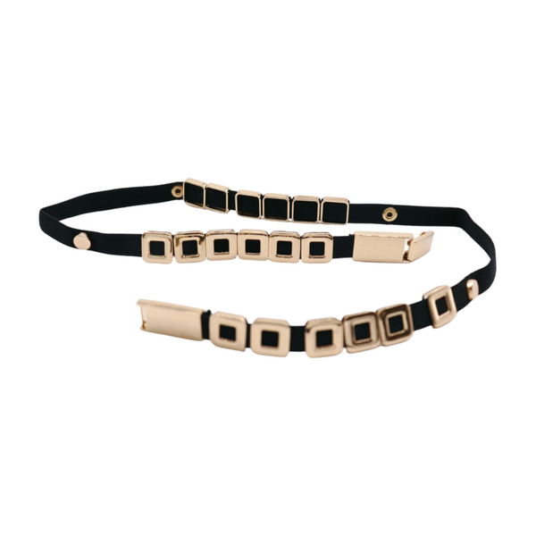 Brand New Women Black Elastic Fashion Belt Gold Metal Square Charms S M L