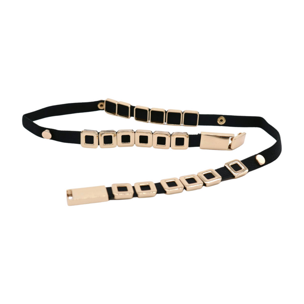Brand New Women Black Elastic Fashion Belt Gold Metal Square Charms S M L