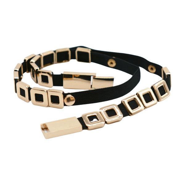 Brand New Women Black Elastic Fashion Belt Gold Metal Square Charms S M L