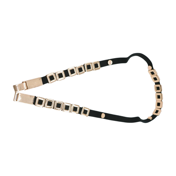 Brand New Women Black Elastic Fashion Belt Gold Metal Square Charms S M L