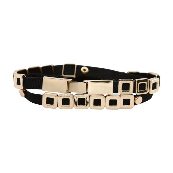 Brand New Women Black Elastic Fashion Belt Gold Metal Square Charms S M L