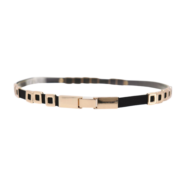 Brand New Women Black Elastic Fashion Belt Gold Metal Square Charms S M L