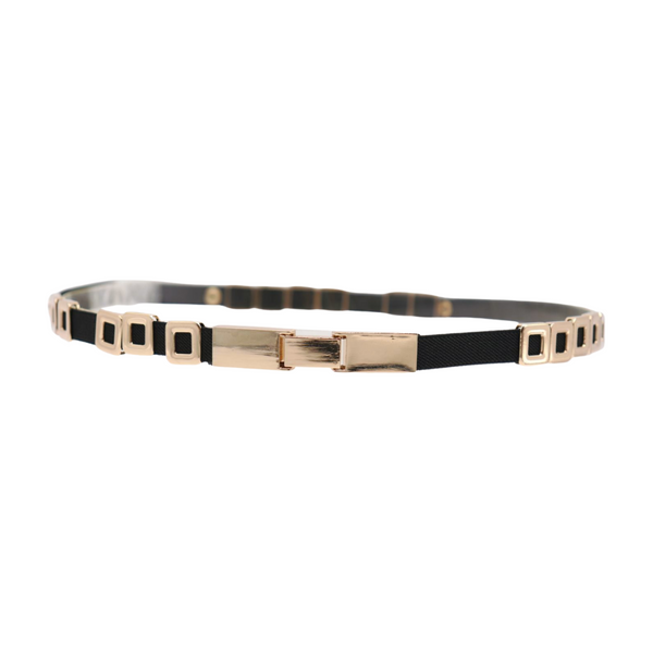 Brand New Women Black Elastic Fashion Belt Gold Metal Square Charms S M L