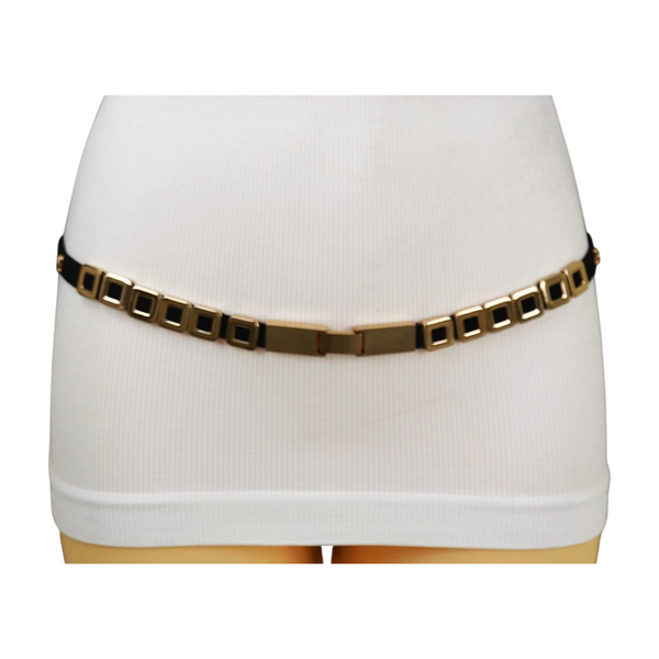 Brand New Women Black Elastic Fashion Belt Gold Metal Square Charms S M L
