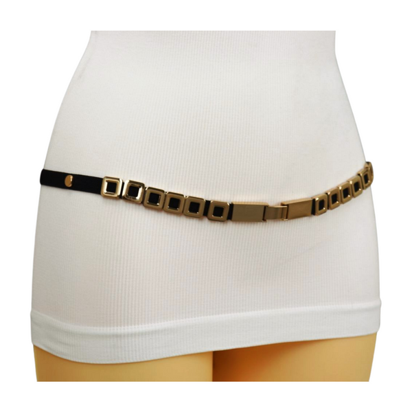 Brand New Women Black Elastic Fashion Belt Gold Metal Square Charms S M L