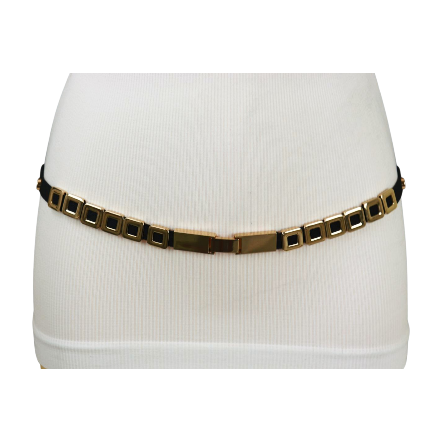 Black Elastic Fashion Belt Gold Metal Square Charms S M L  display picture 1