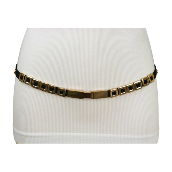 Brand New Women Black Elastic Fashion Belt Gold Metal Square Charms S M L