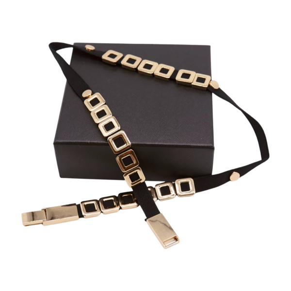 Brand New Women Black Elastic Fashion Belt Gold Metal Square Charms S M L