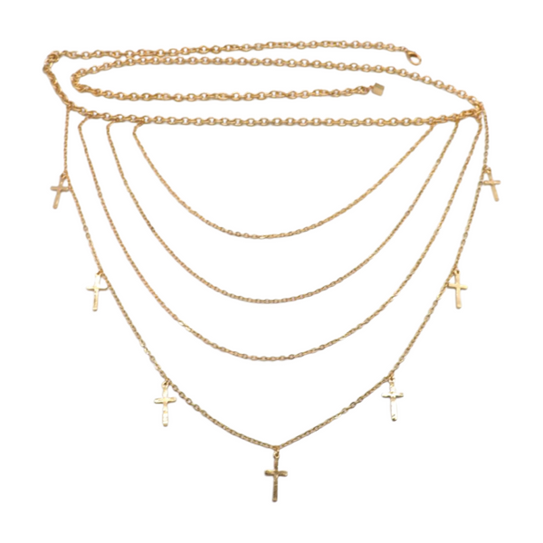 Brand New Women Gold Metal Chain Links Waves Belt Cross Charms S M L